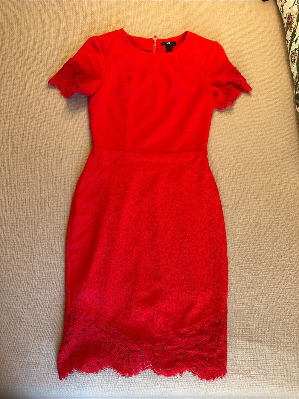 H&M Red Lace-Trim Midi Sheath Dress